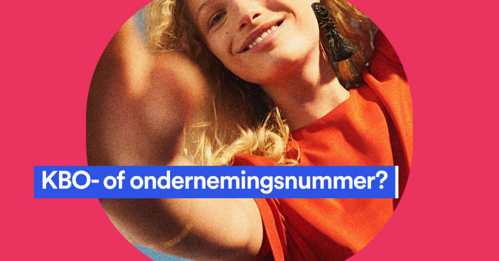 Lachende vrouw in een cirkel met de tekst KBO- of ondernemingsnummer?