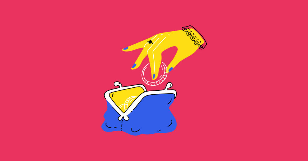 Illustration of a hand putting a coin into a purse