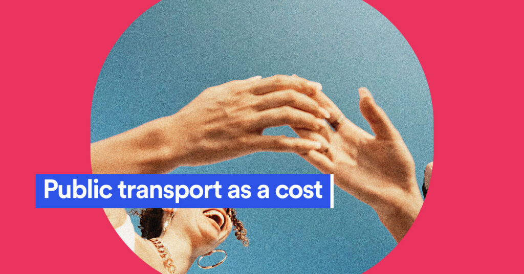 Hands touching against a blue sky and the text Public transport as a cost