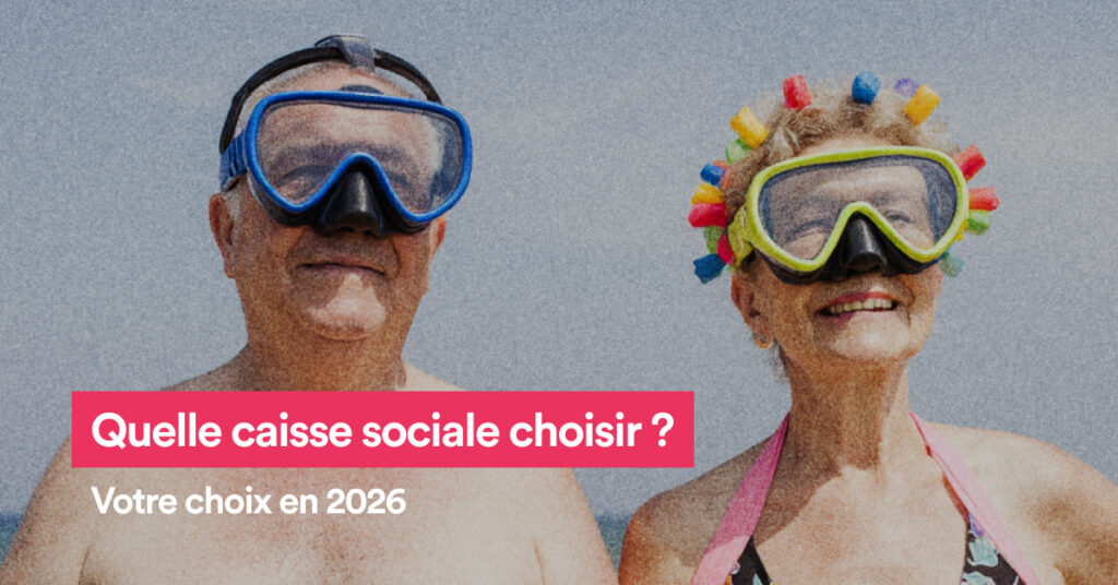 Couple avec des lunettes de plongée et le texte Quelle caisse sociale choisir ?