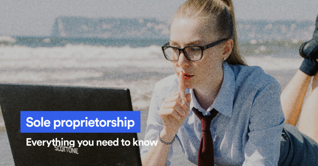 Woman with a laptop on the beach and the text Sole proprietorship