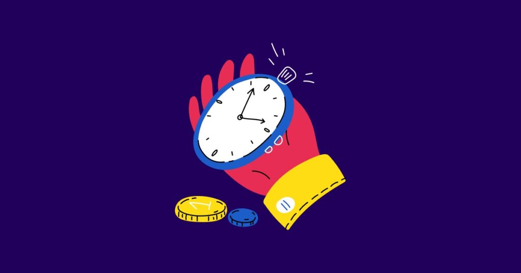 Hand holding a stopwatch and coins