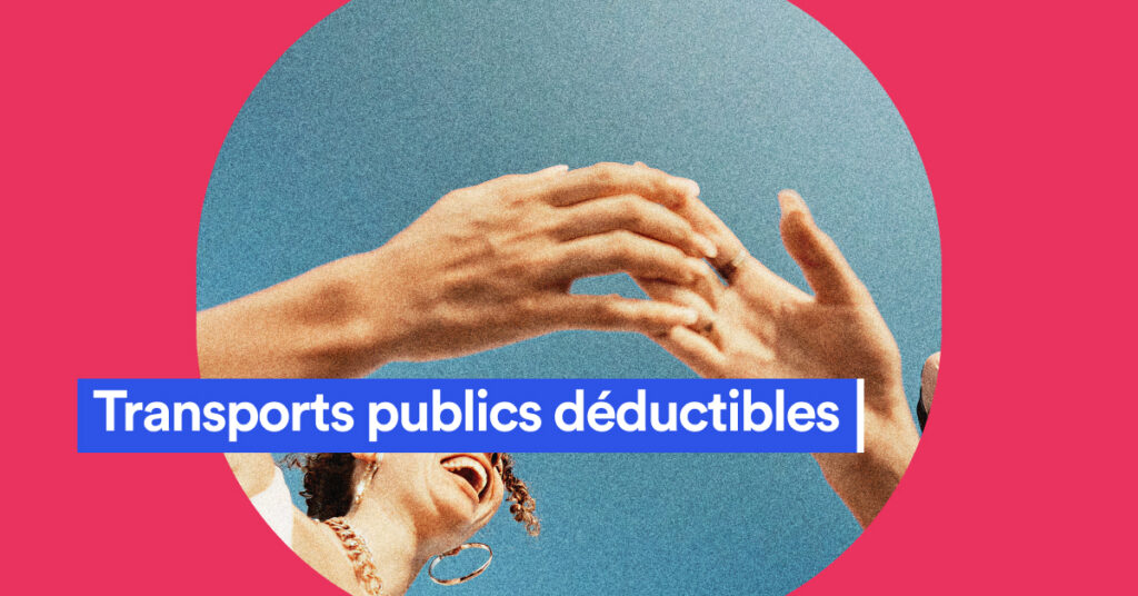 Mains qui se touchent sur un ciel bleu et le texte Transports publics déductibles